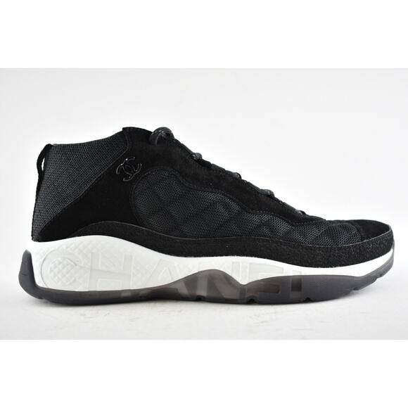 Chanel 21B Mens Black Suede White CC Logo Lace Up Mid Top Trainer Sneaker 44 11 - Picture 2 of 12